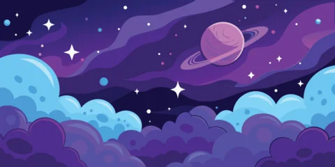 Fototapete Rund Violett Abstract vector illustration of a dark blue night sky landscape with stars and clouds  © Tanjir