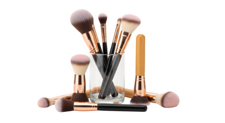 Collection of professional makeup brushes with rose gold handles isolated on transparent background