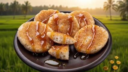 Delicious traditional breakfast of fluffy Asian pancakes topped with golden honey, presented on a clay plate against a lush green paddy field