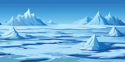 Vector illustration of a cold winter landscape with a sailing ship, snow, and a mountain peak reflecting in the blue ocean