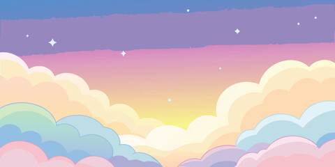 Pink summer sunrise vector illustration of heart-shaped clouds in the bright blue sky with sun rays and a light rainbow design 