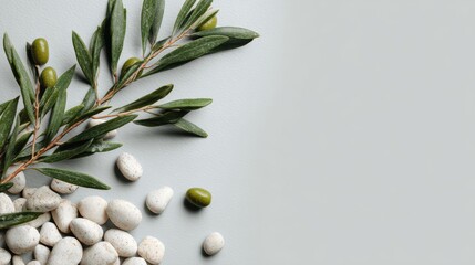 Elegant Olive Branch with Green Olives and White Pebbles on a Pale Gray Background Studio Shot Still Life Minimalist Style