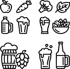 Healthy Eating Outline Icon Set &ndash; Fruits, Vegetables, and Nutrition