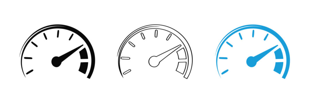 Speedometer icons. Speed indicator. Speedometers icons set. Speed guage. Risk indicator. Risk meter,Speedometer gauge showing performance level in black, white and blue,
