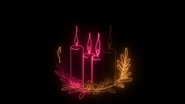 The glowing neon animated continuous with single line drawing of advent wreath with four candles burning and christmas neon line art animation  concept on black background 4k video 