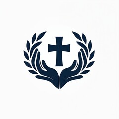 Naklejka premium Hands hold Christian cross with laurel wreath symbol. Represents faith, hope, and divine protection. Modern minimalist graphic emblem for church.