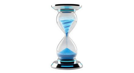 Blue sand hourglass timer with sand flowing isolated on transparent background