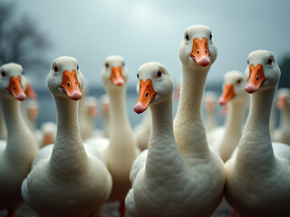 A serene, diagonal arrangement of geese on a dark water body, creating movement White feathers contrast against the background Calm, individualistic geese look at the camera or sidewa - AI-Generated