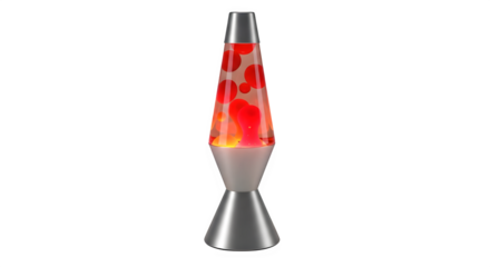 Classic lava lamp with red wax blobs glowing against a transparent background isolated on transparent background