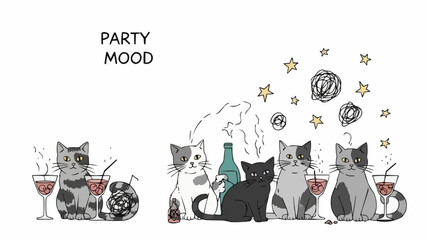 Party Mood Cats - A Whimsical Gathering of Felines with Drinks. © Den