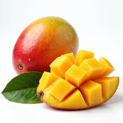 Ripe mango cut into cubes with whole fruit and green leaf isolated on white background. Mango slices are yellow and juicy. Whole mango has red and yellow skin.
