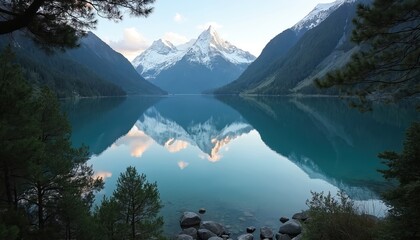 Morning light illuminates majestic snow capped peaks reflected in clear mountain lake. Dark green forested slopes surround tranquil turquoise water. Rocks visible on clear lake shore. Pine branches