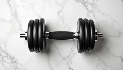 Single black dumbbell rests on white marble surface. This isolated weight is ready for strength training or home gym workouts. It has a textured grip and chrome accents.