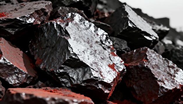 Raw ore mineral extraction background, metallic rocks with red dust and industrial setting, mining footage.