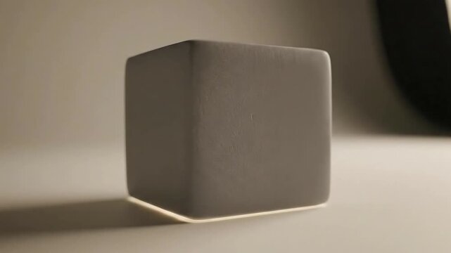 A simple gray cube sits on a light surface, casting a subtle shadow, with a blurred background.