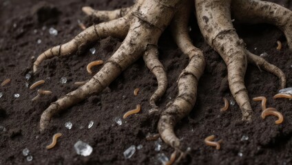 Gnarled tree roots anchoring deep into rich dark earth with worms.