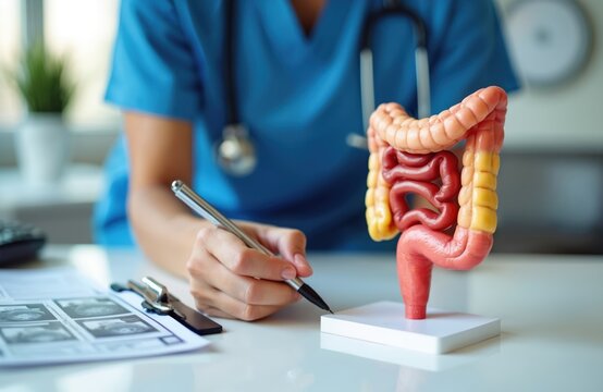 Doctor examines model of human colon. Medical pro studies intestinal tract anatomy with pen. Healthcare professional explores bowel health. Colon cancer awareness concept for medicine.