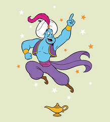 Cartoon blue genie emerging from golden lamp with stars, smiling magical character in turban and sash, flat vector illustration