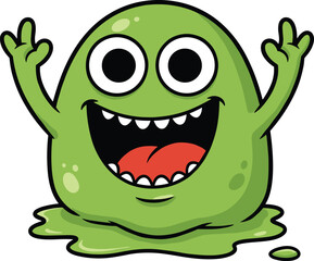 Cartoon green blob creature with wide mouth, raised arms and joyful expression, playful monster character, flat vector illustration