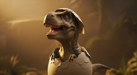 Realistic baby Tyrannosaurus Rex dinosaur hatching from an egg.