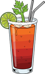 Cartoon cocktail drink in tall glass with celery, lime, straws and ice, vibrant red-orange layers, flat vector illustration