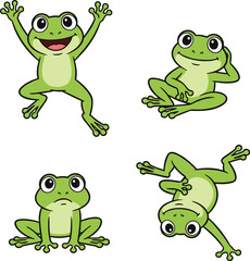 Cartoon green frog character set with jumping, sitting, contemplative and acrobatic poses, expressive animal theme, flat vector illustration
