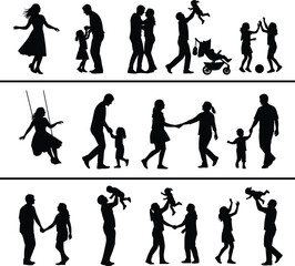 Family silhouette scenes with parents and children, bonding moments, playful interactions and daily life activities in black, flat vector