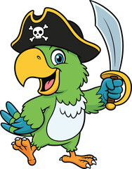 Cartoon green parrot dressed as pirate with sword and hat, cheerful character in lively pose, flat vector illustration