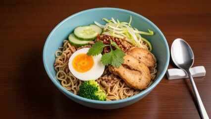 A delicious and colorful bowl of Asian noodle soup with a soft-boiled egg, savory meat, and fresh vegetable garnishes