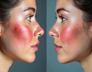 Fototapeta premium Side-by-side comparison rosacea laser treatment results. Young womans face shows significant reduction of redness, inflammation after dermatological procedure. Before, after illustrates successful