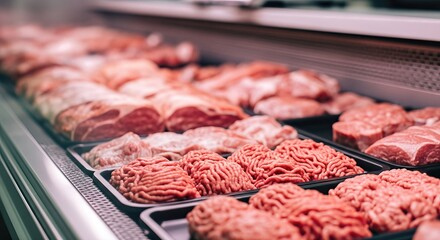 Freshly displayed assortment of various meats in butcher shop, showcasing ground beef, pork, and steak cuts, emphasizing quality and selection for grocery shoppers seeking premium products