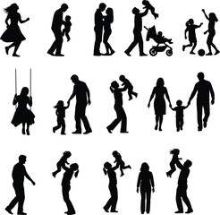 Family interaction silhouettes with parents and children, playful moments, walking, lifting, swinging, bonding scenes in black, flat vector