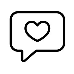 Minimal line icon of a chat bubble containing a heart. Perfect for romantic conversations, Valentine messaging visuals, love communication, and social graphics.