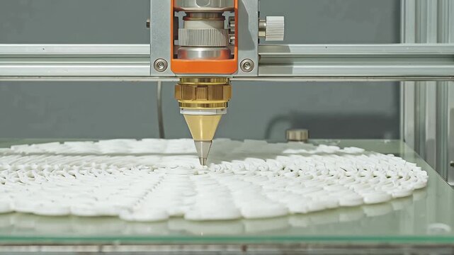 Close up of a 3 d printing machine creating a white design viewed from a low angle