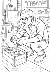 coloring book Father painter arranging paint bottles in art studio