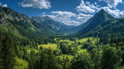 Obraz premium Majestic mountain valley panorama with verdant forests and meadows under a bright cloudy sky offering a scenic landscape view