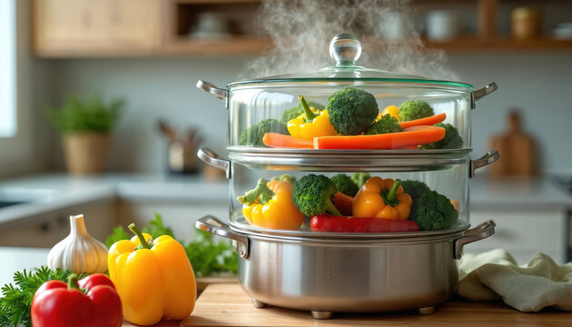 Steam rises from two-tier vegetable steamer filled with colorful bell peppers, broccoli florets, carrots in modern kitchen. Fresh vegetables prepared for healthy meal, culinary readiness, vibrant