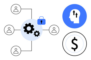 Workflow management. Workflow illustrated with interconnected users, gears, and a lock for security. Workflow s efficiency, security, and financial growth. For business, strategy finance teamwork