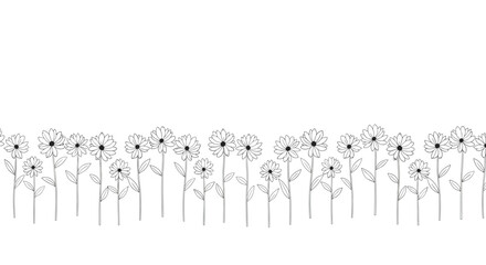 Naklejka premium Minimalist black and white border design featuring a row of delicate, hand-drawn daisy flowers on long stems, with copy space above.