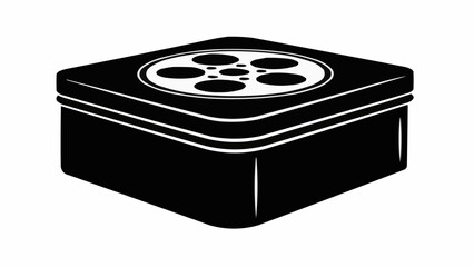 Black and white illustration of a square film reel box.