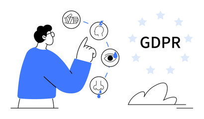 GDPR compliance, data protection, privacy rights, digital security, identity safety, information management. Person points to sensory icons. GDPR compliance and data protection concept