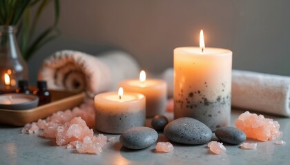Spa wellness concept with burning candles and stones. Relaxing ambiance with Himalayan pink salt crystals. Calming aromatherapy setup with soft light.