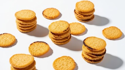 A minimalist top-down view of stacked golden sandwich biscuits with a sweet filling scattered across a clean white background