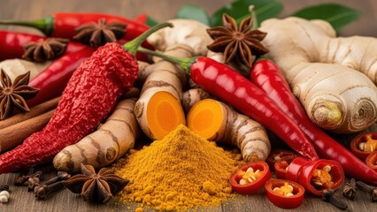 Assortment of Spices Chili Peppers, Turmeric, Ginger, Star Anise, and Cinnamon Displayed for Culinary and Wellness Uses