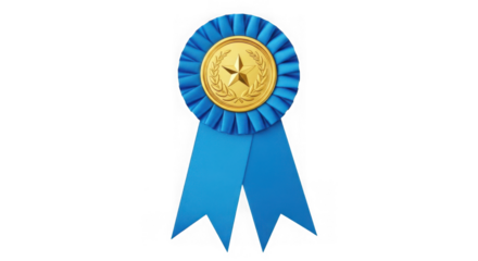 Blue award ribbon with golden star medal, achievement concept