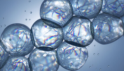Abstract Close-up of Transparent Spheres Filled with Geometric Patterns Reflecting Rainbow Light on a Gradient Blue Background with Water Droplets