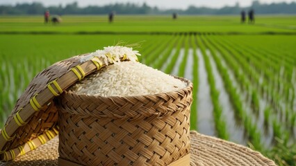 Freshly harvested white rice overflowing from a rustic woven basket, set against vibrant green rice fields and distant farmers, symbolizing sustainable agriculture and the bounty of nature