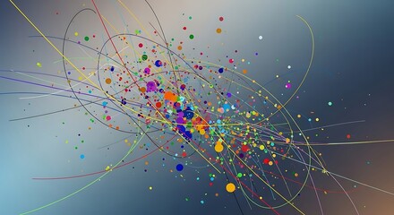 Abstract explosion of vibrant colorful particles and lines against a gradient background representing data visualization or cosmic nebula