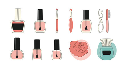 A collection of stylized manicure and nail care tools, including nail polish bottles, brushes, and clippers, in a simple design.