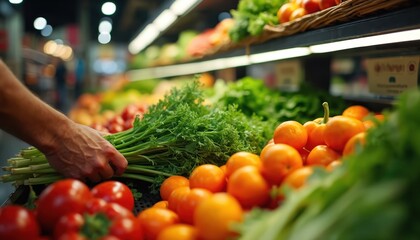 Man selects fresh greens and produce at a grocery store produce section. He reaches for leafy vegetables among tomatoes and oranges. Healthy food shopping in supermarket.